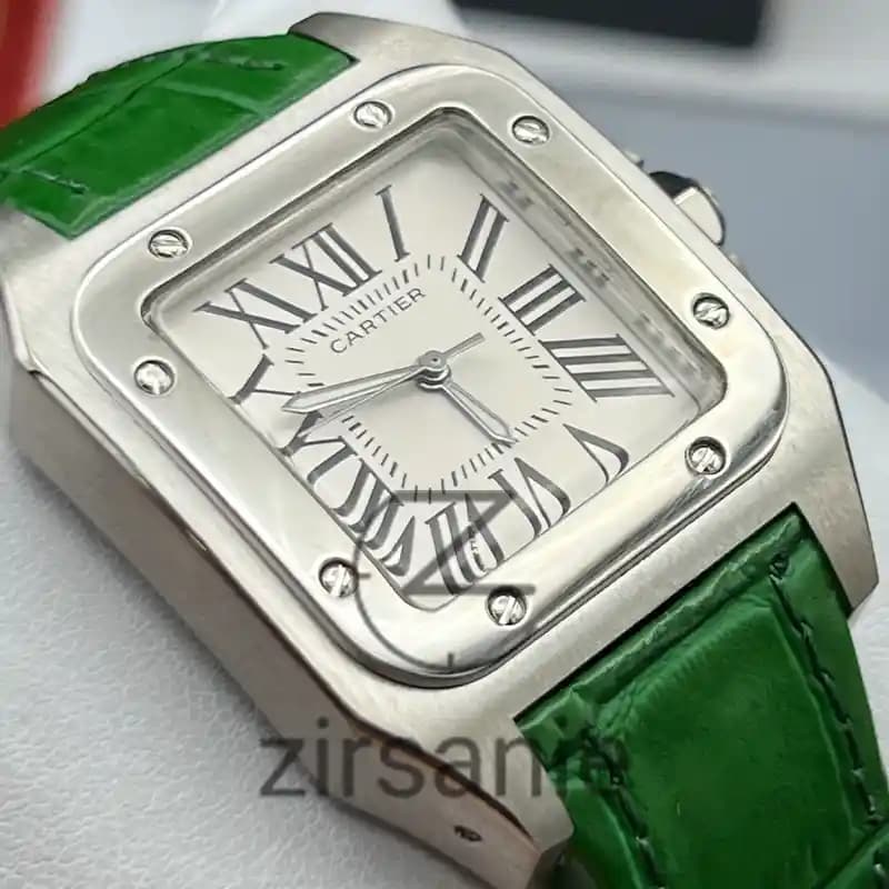 ساعت مچی زنانه کارتیر سانتوز بند چرم سیلور سبز Cartier Santoz Leather Strap Silver Green — تصویر ۶