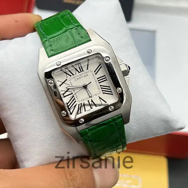 ساعت مچی زنانه کارتیر سانتوز بند چرم سیلور سبز Cartier Santoz Leather Strap Silver Green — تصویر ۵