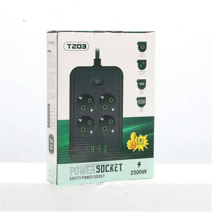 چهار راهی برق یونیورسال با 3 خروجی USB و تایپ سی 2500 وات (مشکی) مدل T203 — تصویر ۸
