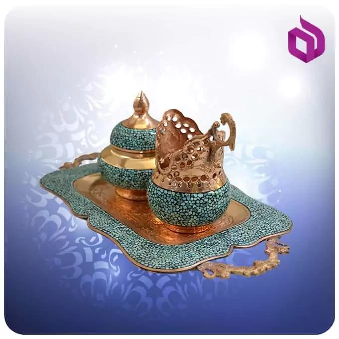سرویس چایخوری مس و فیروزه کوب تک نفره شمائی — تصویر ۴
