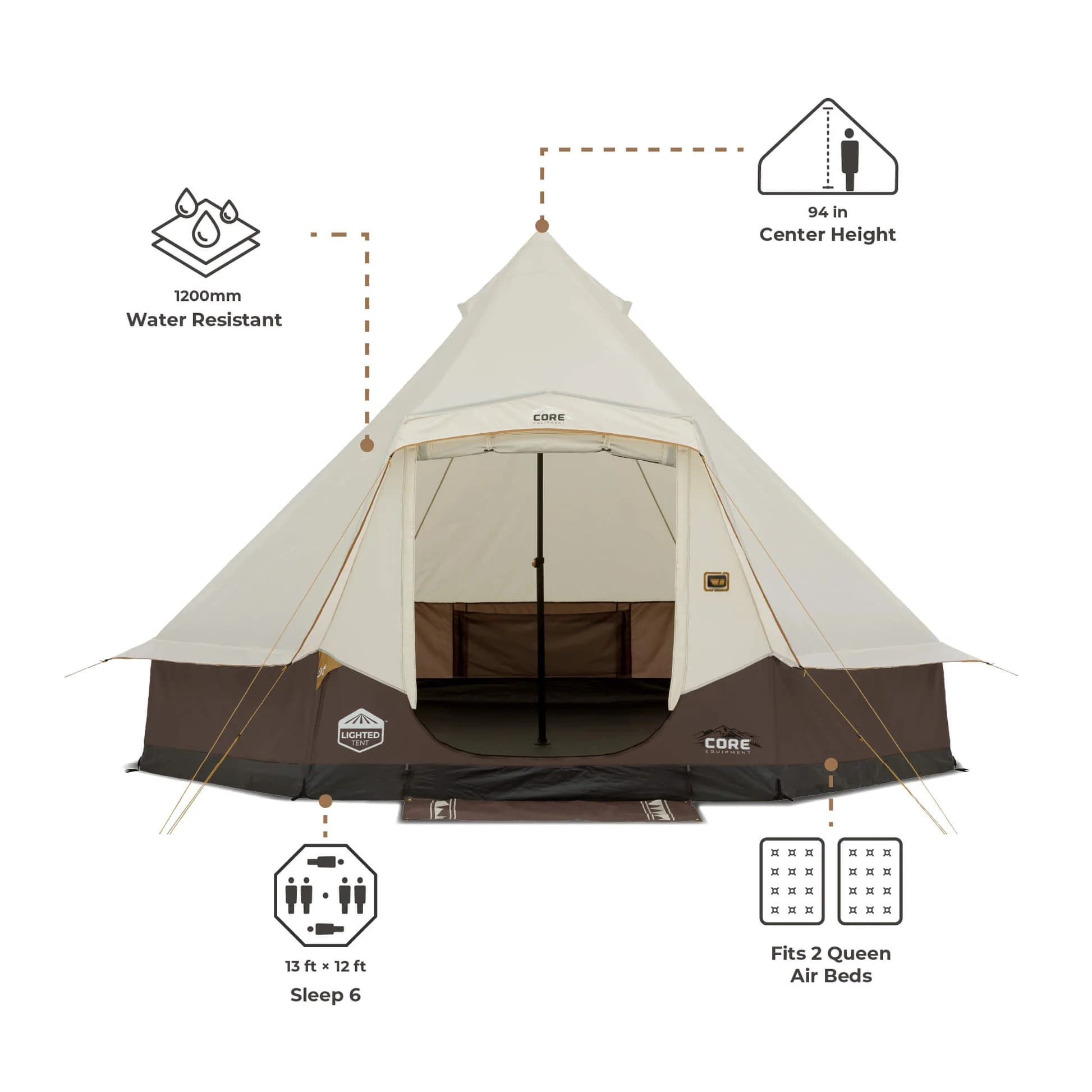 چادر سرخپوستی کر – 6 نفره کمپینگ چراغ دار Core 6 Person Lighted Bell Tent — تصویر ۴