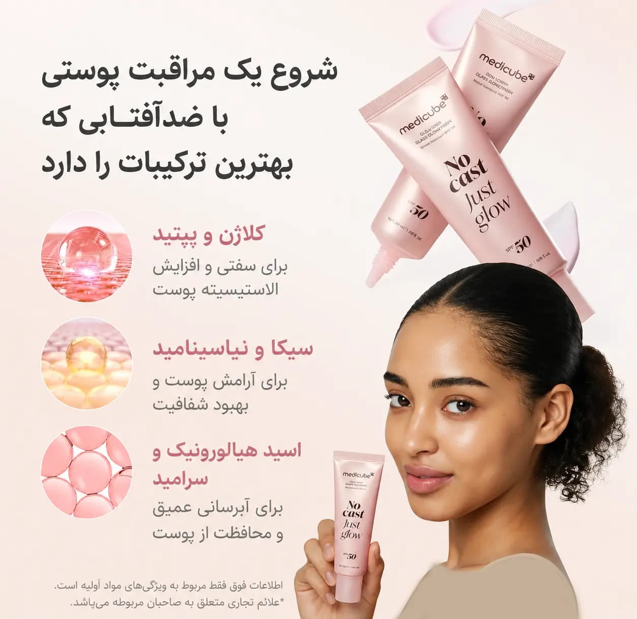 ضدآفتاب کلاژن مدی کیوب مدل No Cast Just Glow حجم 50 میل — تصویر ۴