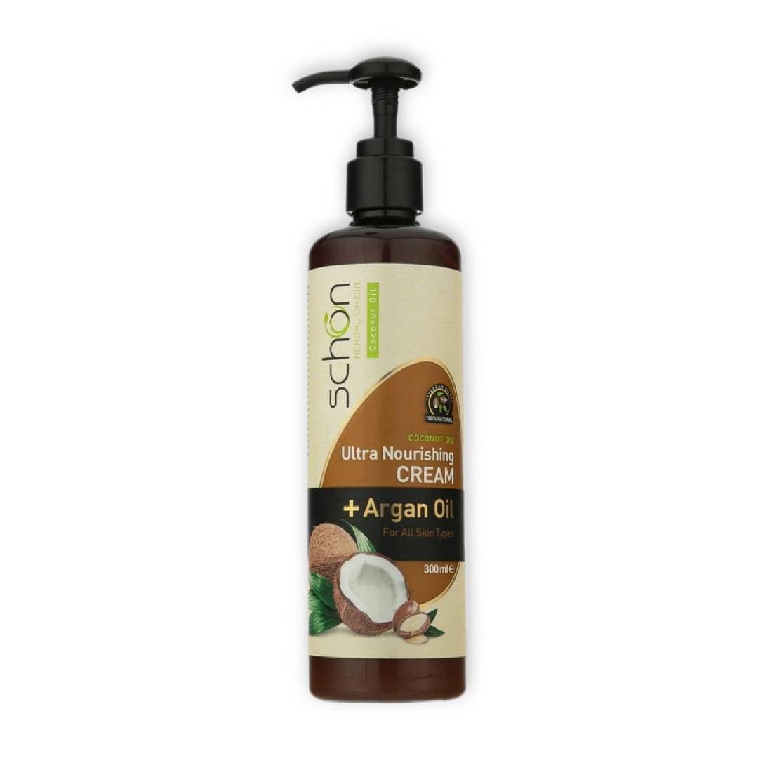 کرم نرم و مرطوب کننده پمپی نارگیل و آرگان شون schon مدل Coconut Oil حجم 300 میل — تصویر ۳