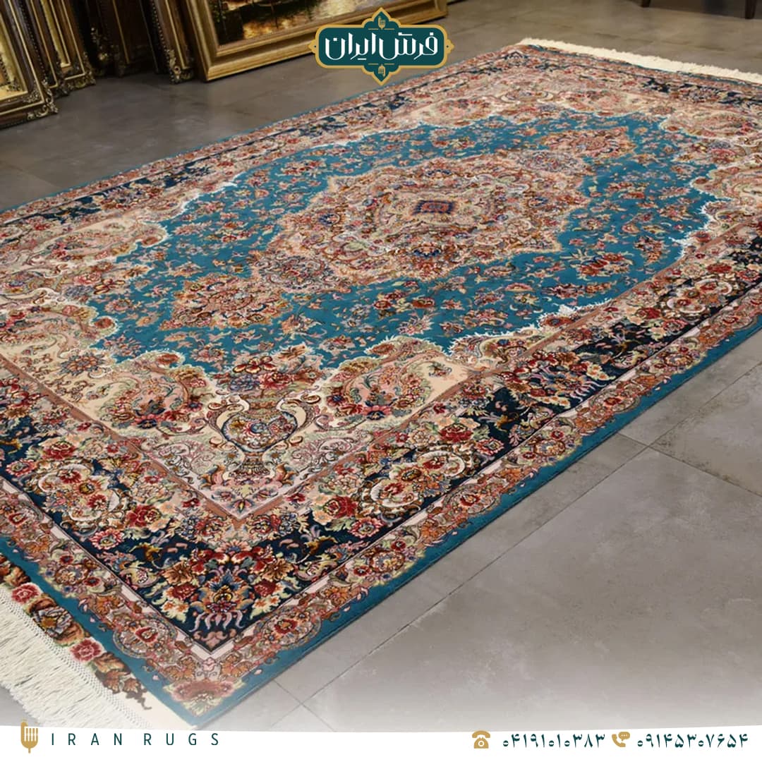 خرید فرش دستباف 6 متری طرح نقش خطیبی آبی و کرمی — تصویر ۳