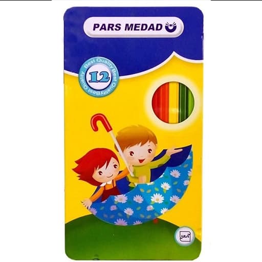 Pars Medad پارس مداد رنگی 12 رنگ چوب گرد جعبه تخت فلزی 11141 — تصویر ۵