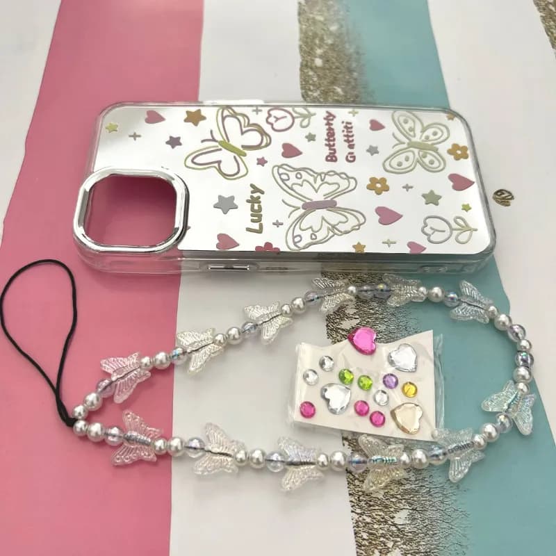 قاب گوشی iPhone 13 / iPhone 14 آیفون طرح آینهای نقاشی پروانه همراه با آویز کد ۱۰۰۹ — تصویر ۲