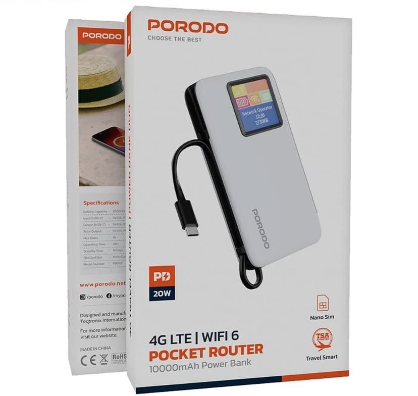 مودم جیبی 4G LTE و پاوربانک 10000 میلیآمپر پورودو مدل PDPBFCH087 — تصویر ۵