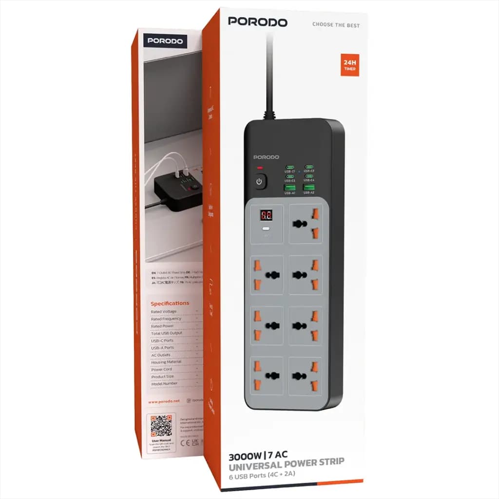 چندراهی برق 3000 وات Porodo با 7 پریز یونیورسال و 6 پورت USB | پاور استریپ هوشمند با تایمر 24 ساعته — تصویر ۲