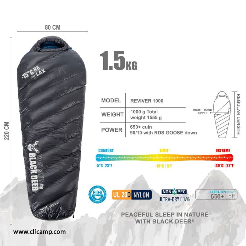 کیسه خواب پر بلک دیر / Black Deer – مدل REVIVER 1000 / مشکی — تصویر ۱۰