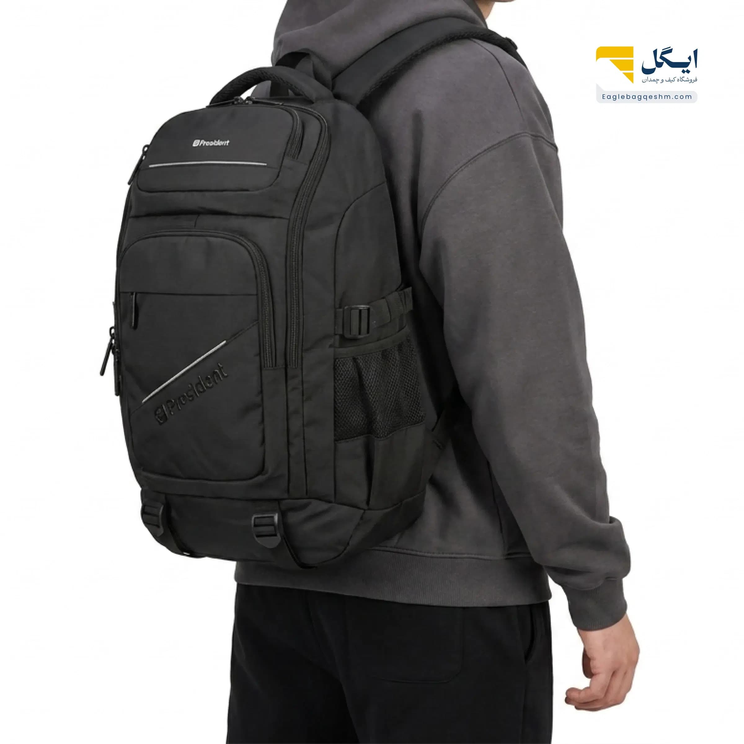 کوله پشتی لپتاپی پرزیدنت کد KA001 با بدنه اشبالت، پشتی طبی و زیپ مخفی — تصویر ۹
