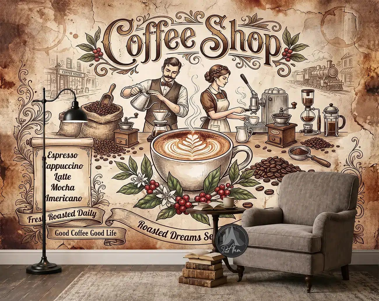 پوستر دیواری کافی شاپ طرح Coffee Shop و باریستا وینتیج کد DA-(1112) | دکور کافه — تصویر ۷