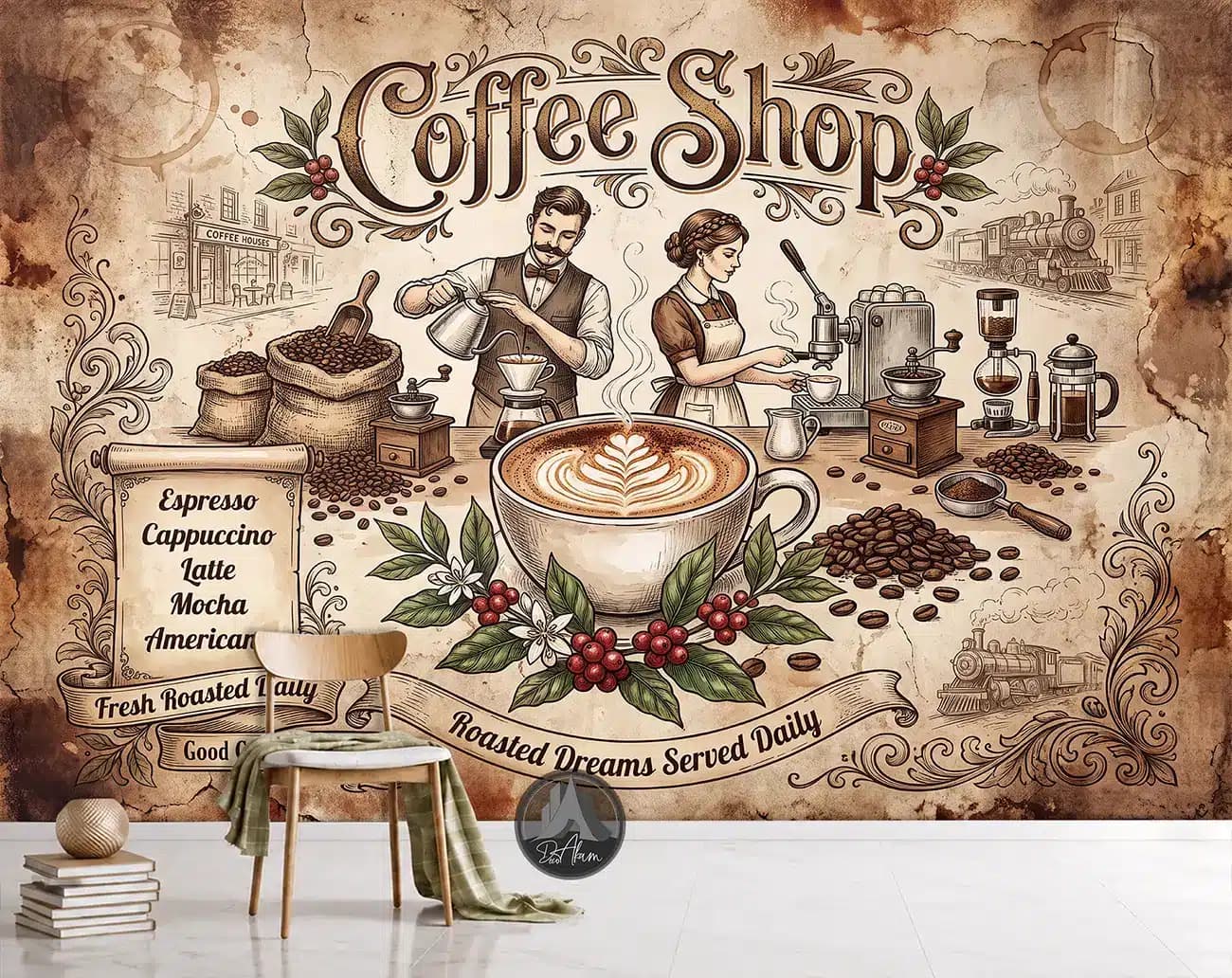 پوستر دیواری کافی شاپ طرح Coffee Shop و باریستا وینتیج کد DA-(1112) | دکور کافه — تصویر ۵