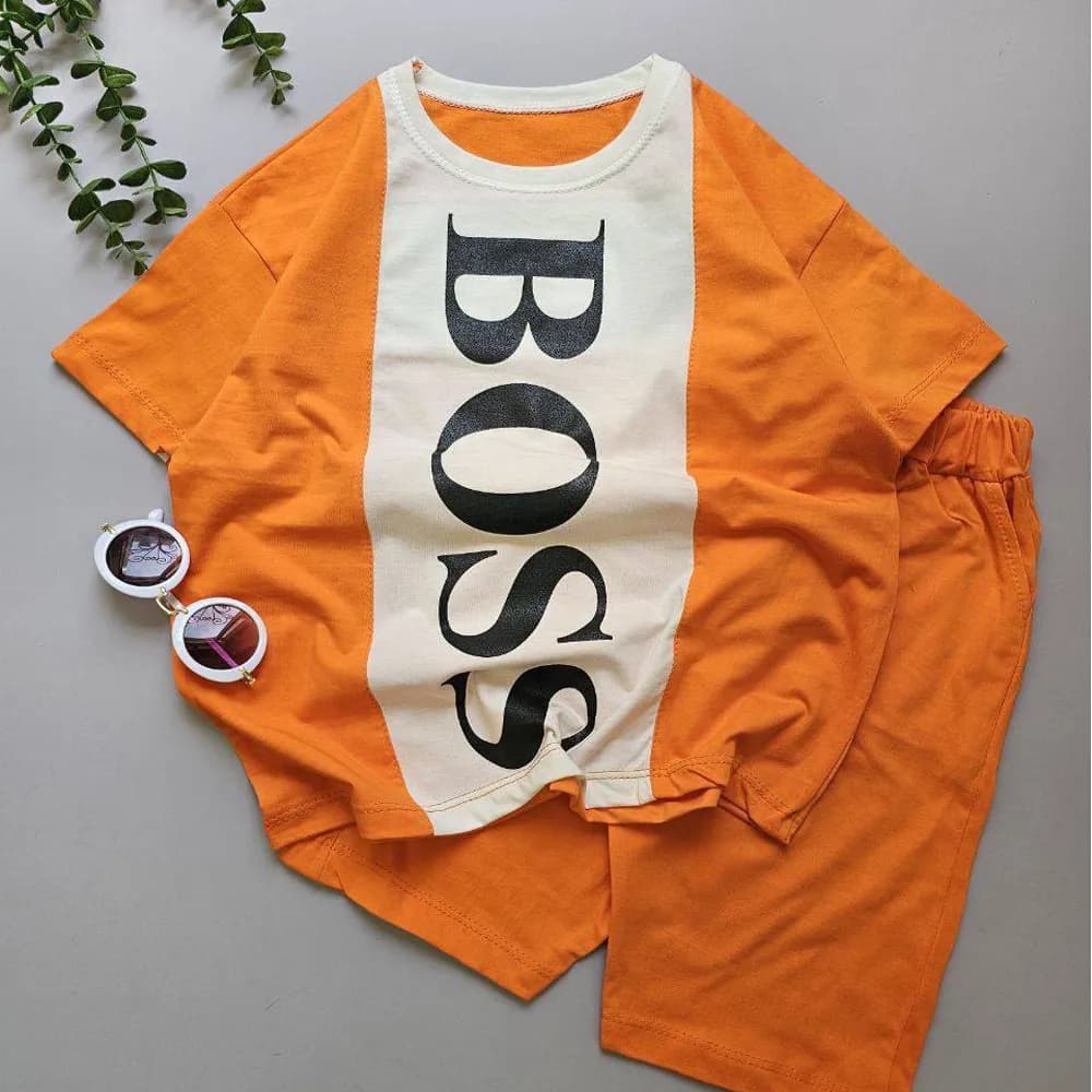 ست تیشرت شلوارک پسرانه مدل BOSS رنگ نارنجی سایز 55 — تصویر ۱۰
