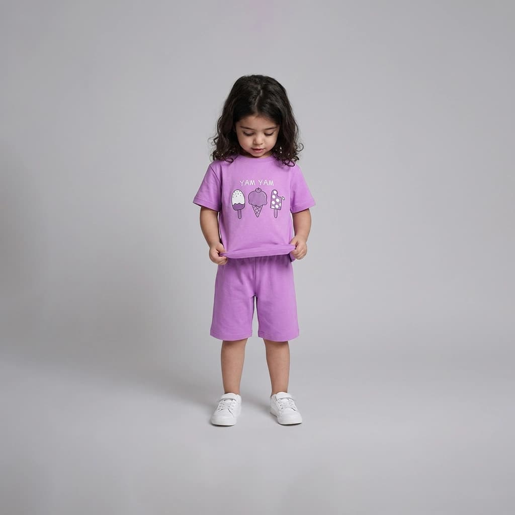 ست تیشرت و شلوارک بچگانه مدل یام یام یاسی (سایز 40)