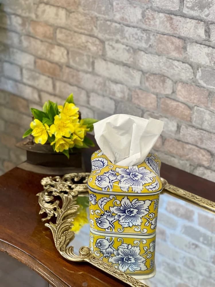 جعبه کلینکس چینی زرد و آبی نقاشی دست (مربع) — تصویر ۲