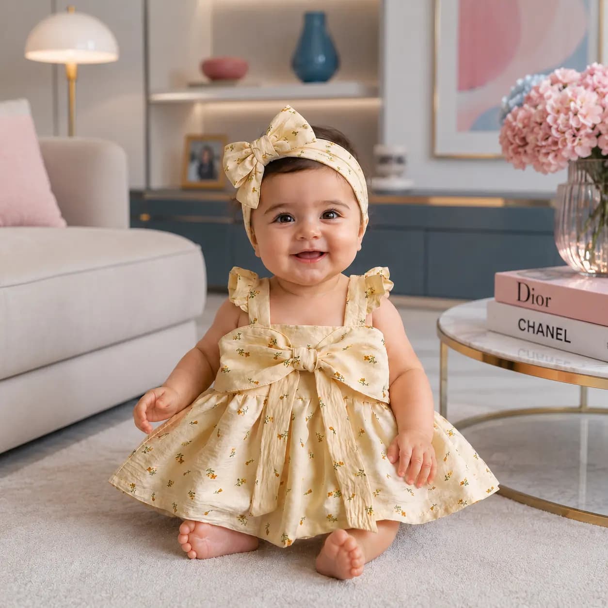 ست پیراهن نوزادی دخترانه پریمیوم و هدبند طرح گلدار رنگ کرم برند totobaby — تصویر ۴