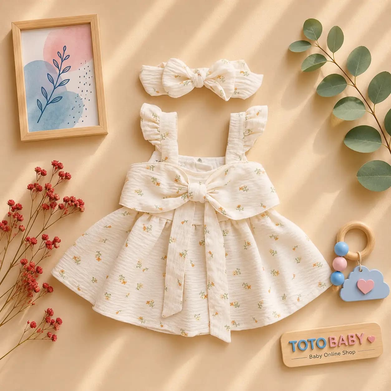 ست پیراهن نوزادی دخترانه پریمیوم و هدبند طرح گلدار رنگ کرم برند totobaby — تصویر ۳