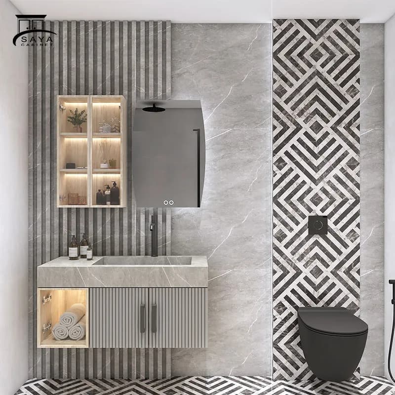 روشویی کابینتی سرامیکی مدرن ترکیب چوب و رنگ طوسی کد 01 — تصویر ۵