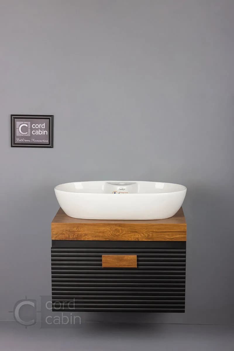 روشویی کابینتی و آینه باکس طرح بامبو مشکی چوب آرمیتاژ — تصویر ۳