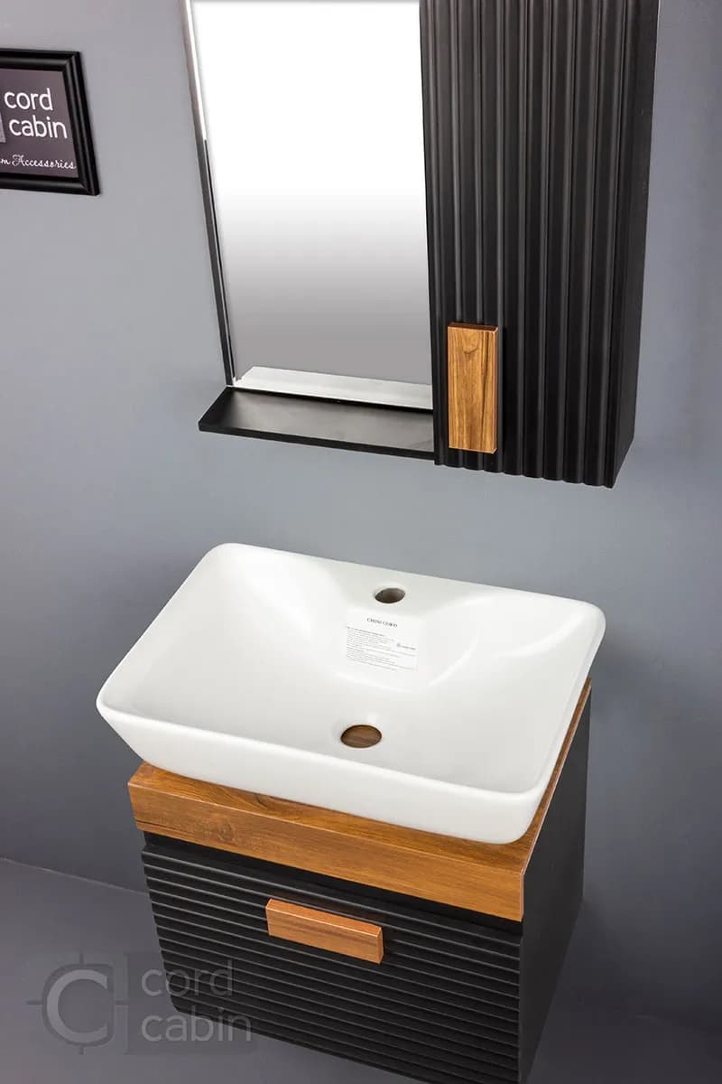 روشویی کابینتی و آینه باکس طرح بامبو مشکی چوب تولیپ چینی کرد — تصویر ۶