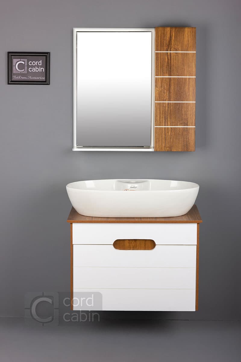 روشویی کابینت و آینه باکس 60*40 طرح سفید چوب بیضی آرمیتاژ