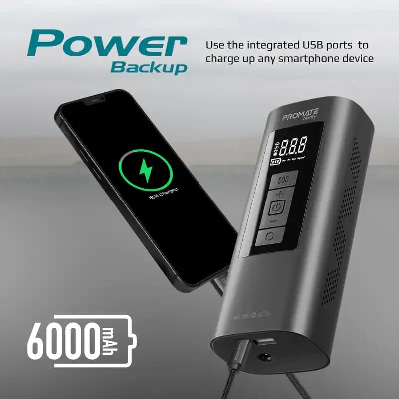پاوربانک و کمپرسورهوا پرومیت Aerify مدل 150PSI ظرفیت 6000mAh – مشکی — تصویر ۶