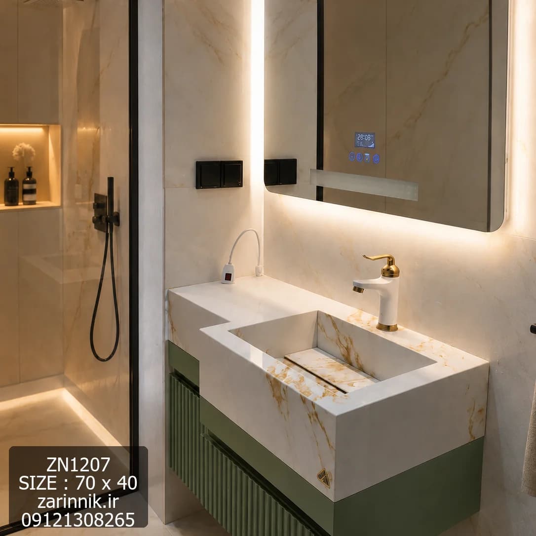 روشویی سرامیکی کابینتی دیواری 40*70 سفید مشکی زرین نیک کد ZN1207 — تصویر ۵