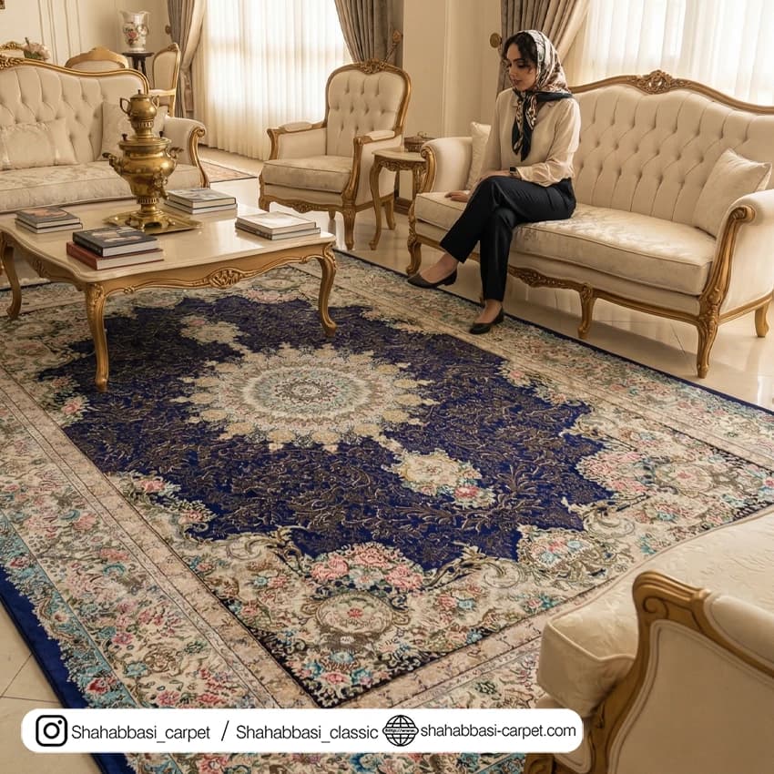 فرش تمام ابریشم کد 252 آبی کاربنی — تصویر ۵