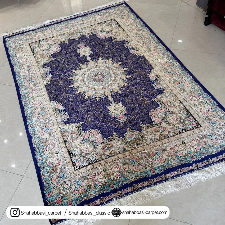 فرش تمام ابریشم کد 252 آبی کاربنی — تصویر ۲