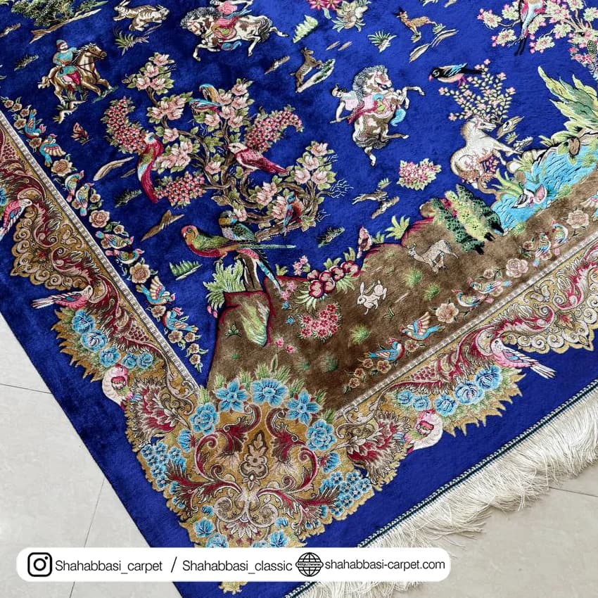 فرش تمام ابریشم کد 242 آبی کاربنی — تصویر ۳