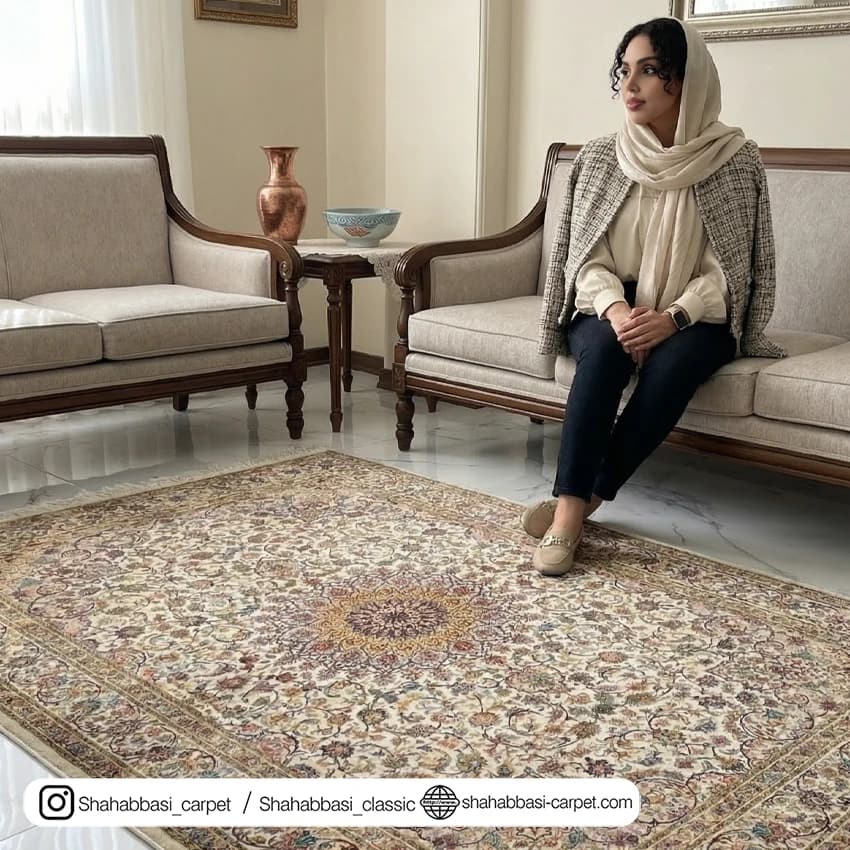 فرش تمام ابریشم کد 240 کرم — تصویر ۵