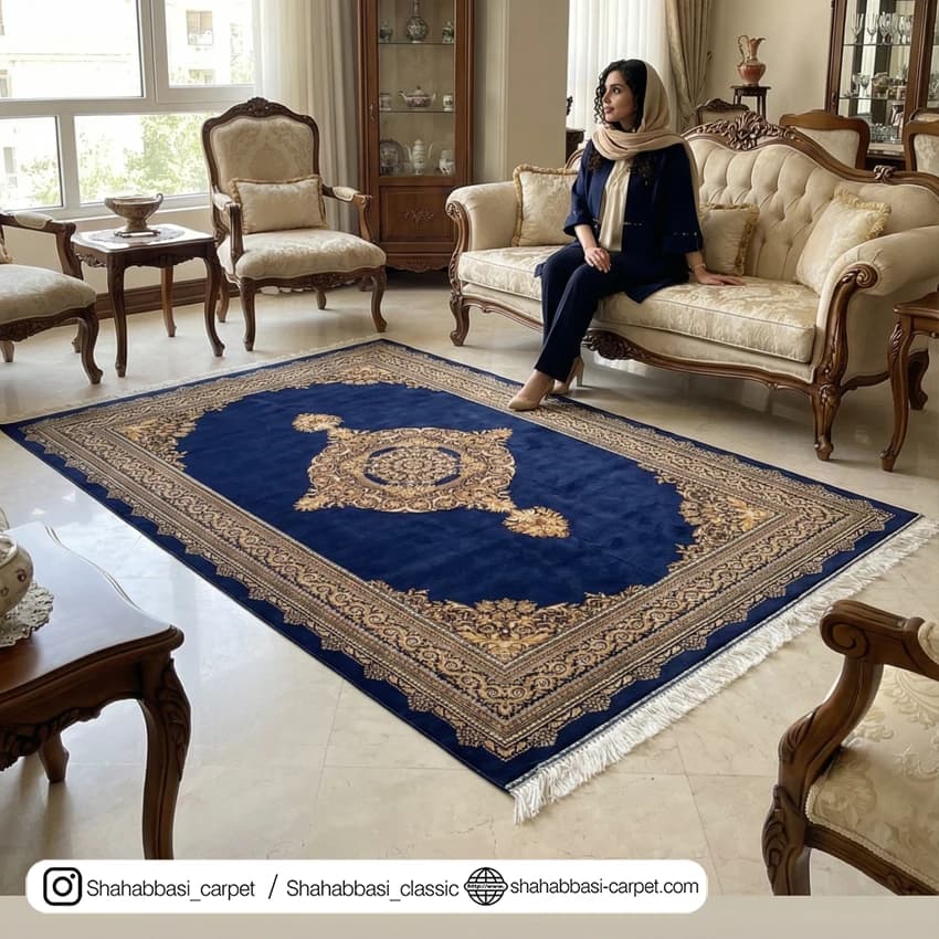فرش تمام ابریشم کد 225 آبی کاربنی
