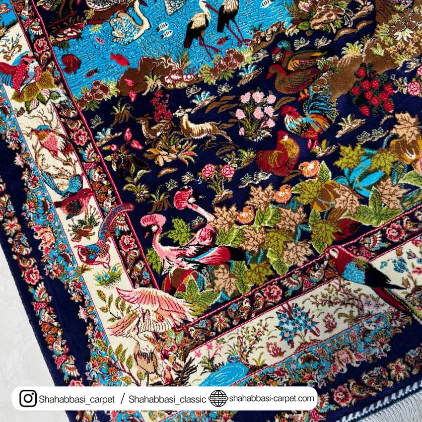 فرش تمام ابریشم کد 217 آبی کاربنی — تصویر ۷