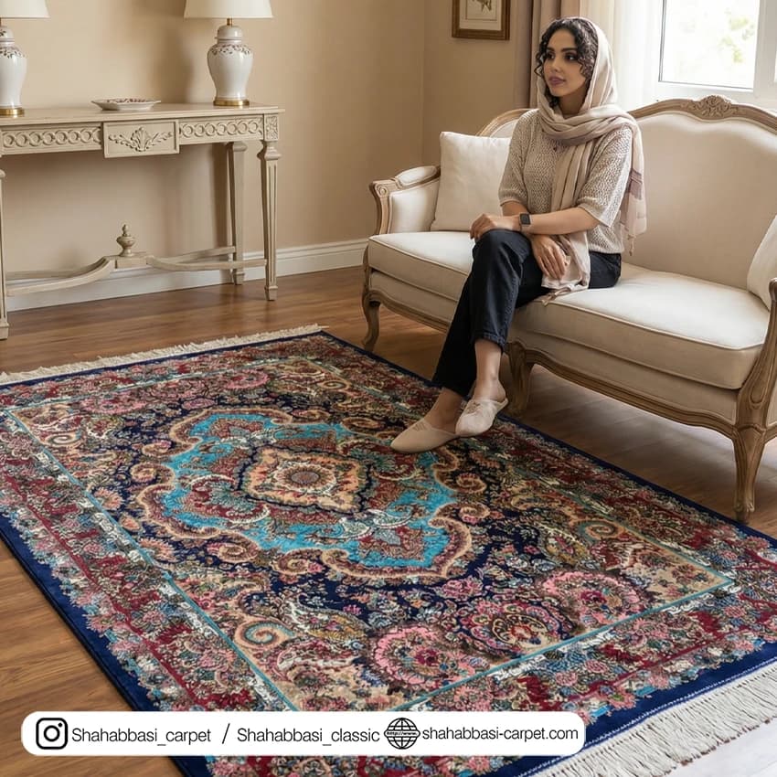 فرش تمام ابریشم کد 213 آبی کاربنی — تصویر ۵
