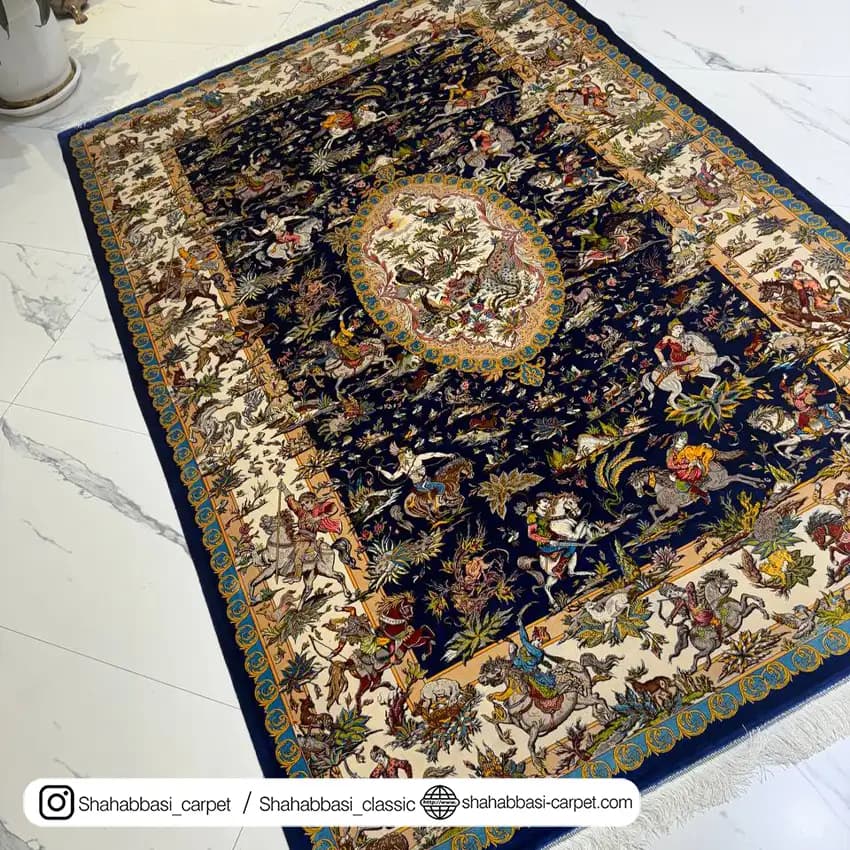فرش ابریشم کد 120 سرمه ای — تصویر ۷