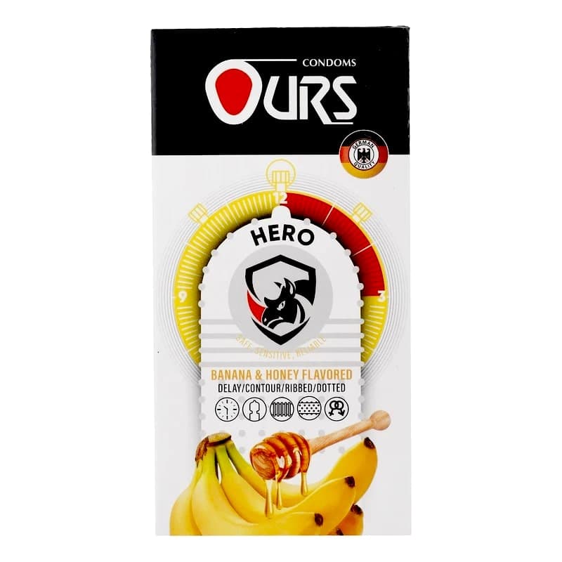 کاندوم عسلی (اسانس عسل و موز) برند اورز OURS بسته 12 عددی