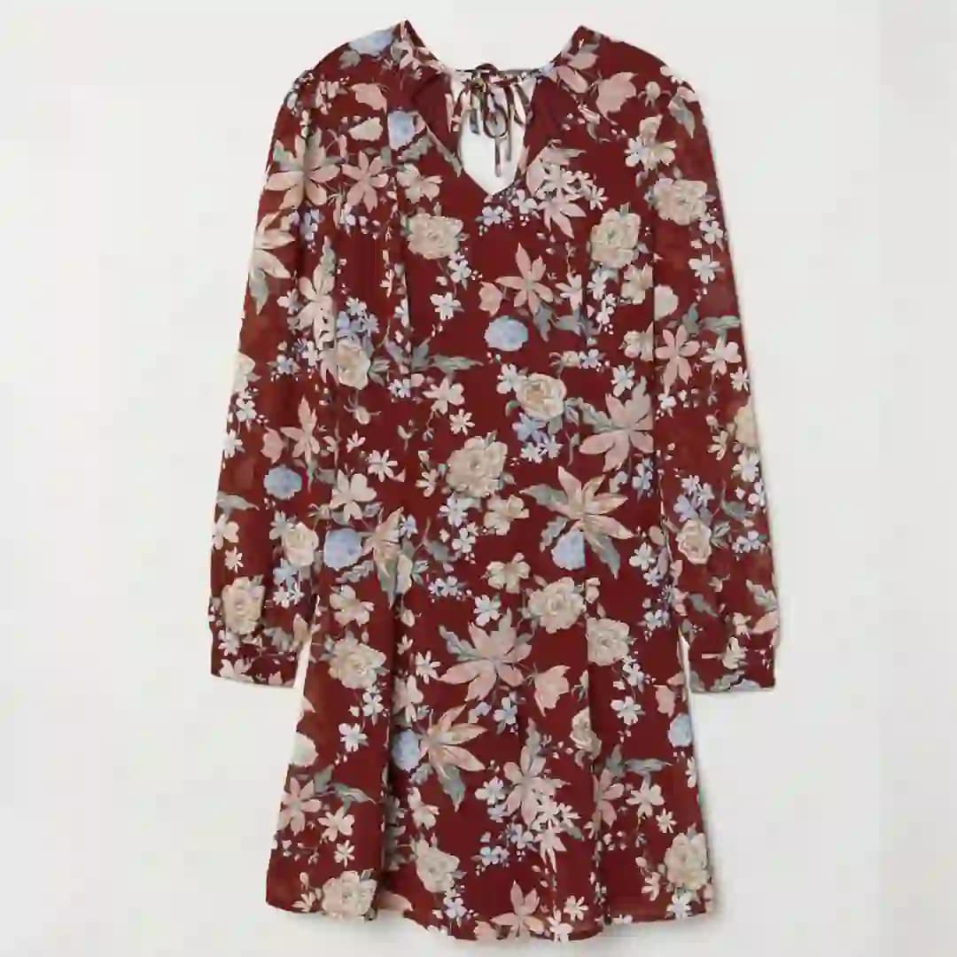 پیراهن مجلسی زنانه دخترانه گلدار یقه هفت قرمز اچ اند ام H&M کات لیبل سایز 36
