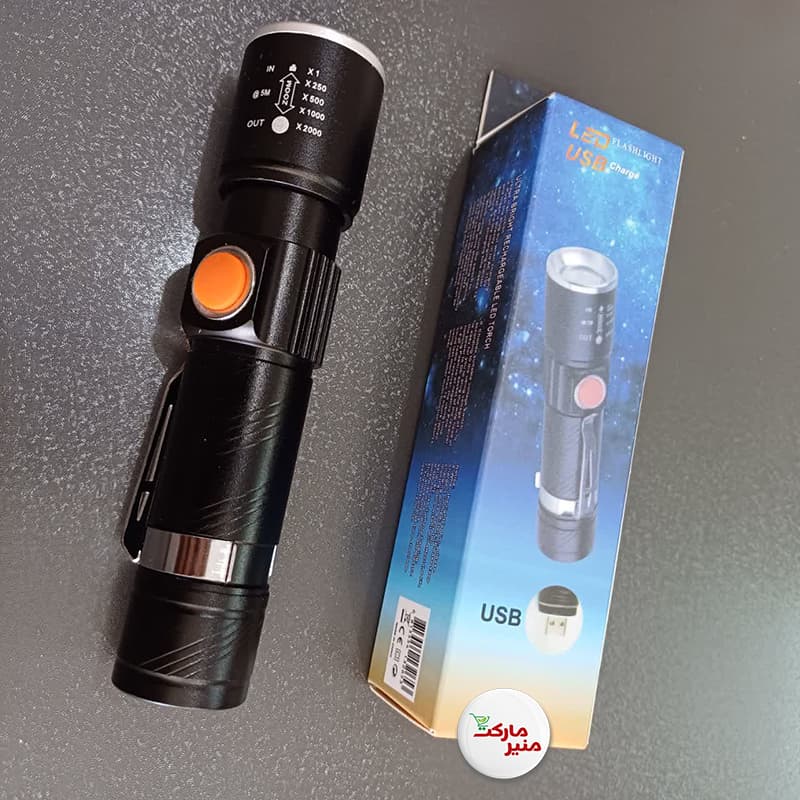 چراغ قوه دستی پلیسی کوچک شارژی usb زوم دار — تصویر ۴