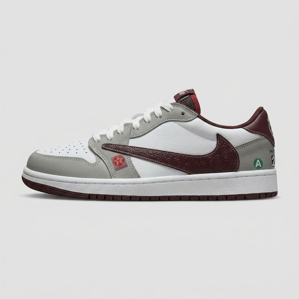 نایک ایر جردن 1 بدون ساق تراویس اسکات طوسی زرشکی ( Nike Air Jordan 1 Low Travis Scott BG ) — تصویر ۳