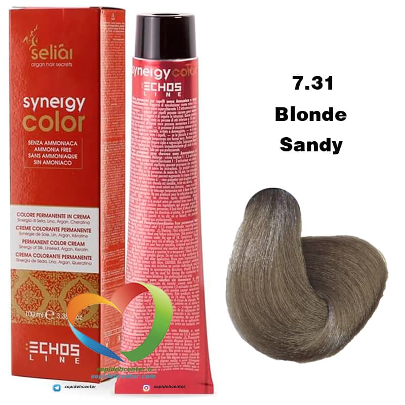 رنگ موی بدون آمونیاک بلوند شنی 7.31 سینرژی اچ اس لاین Hair Color ECHOSLINE Synergy Blonde Sandy — تصویر ۵