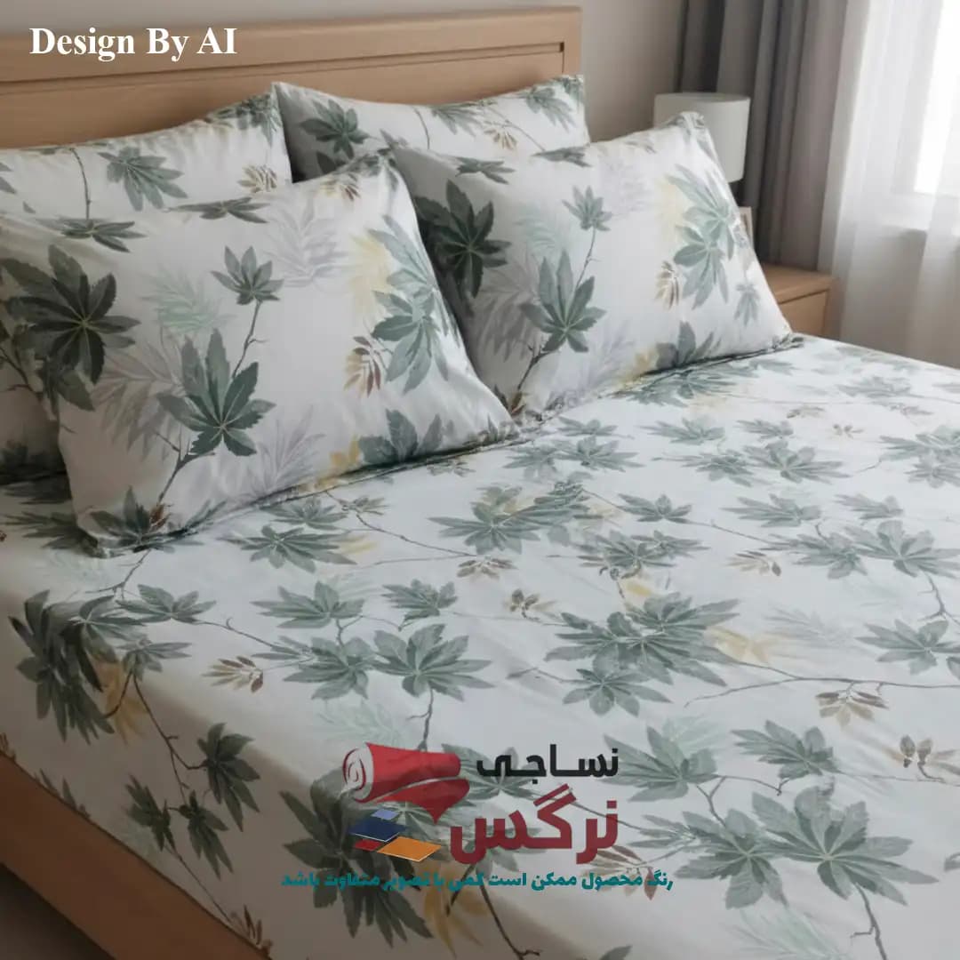 نیم ست کاورکشدار تخت و روبالشتی ژاکارد ساتن ابریشم طرح برگ افرا — تصویر ۸