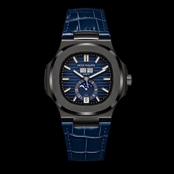 پتک فیلیپ Nautilus Annual Calendar Moon Phases Custom با قاب مشکی، صفحه آبی و بند چرمی آب — تصویر ۲