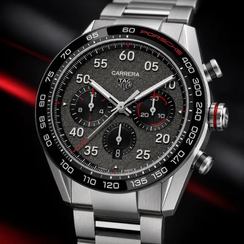 تگ هویر Carrera Chronograph x Porsche Special Edition 44 استیل | صفحه خاکستری با افکت آسفالت و جزئیات قرمز | بزل سرامیکی مشکی Tachymeter و بند استیل | رفرنس CBN2A1F.BA0643 — تصویر ۱۰