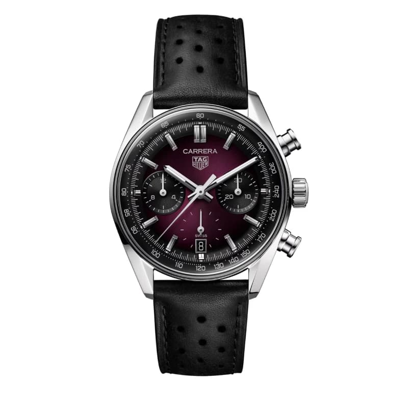 تگ هویر Carrera Chronograph Glassbox 39 استیل | صفحه بنفش دودی Sunray با سابدایالهای مشکی و بند چرمی مشکی سوراخدار | رفرنس CBS2219.FC6607 — تصویر ۵