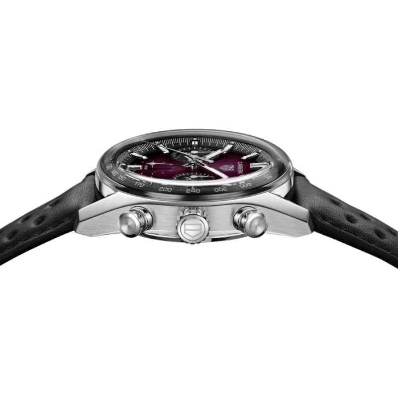 تگ هویر Carrera Chronograph Glassbox 39 استیل | صفحه بنفش دودی Sunray با سابدایالهای مشکی و بند چرمی مشکی سوراخدار | رفرنس CBS2219.FC6607 — تصویر ۶