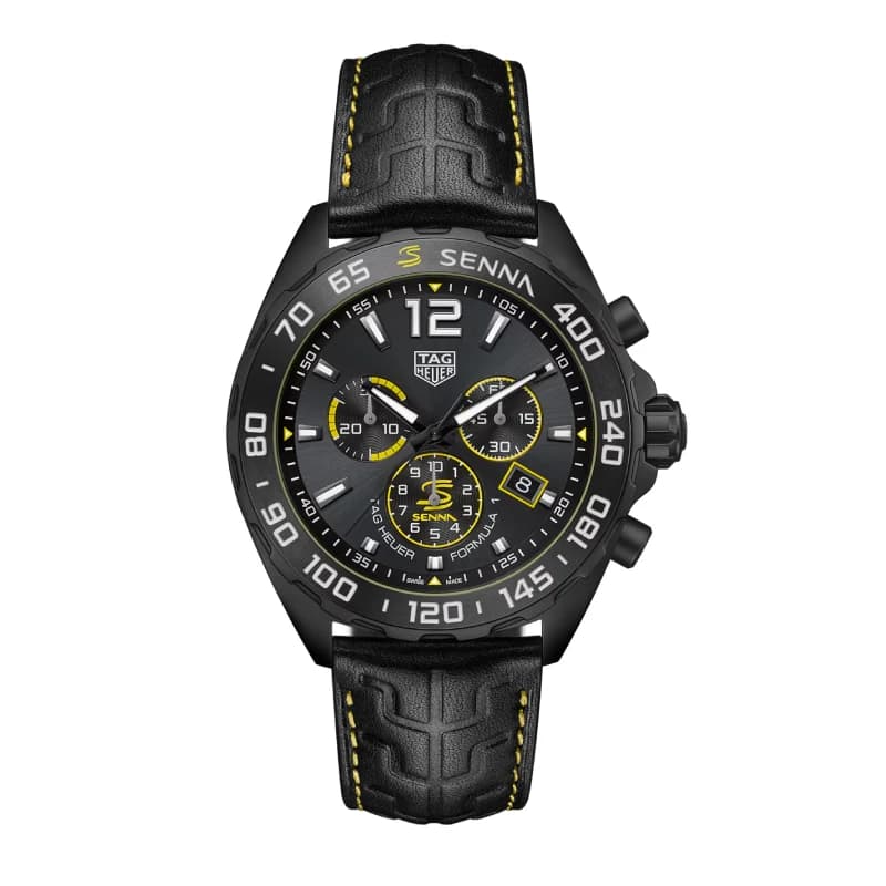 تگ هویر Formula 1 Senna Special Edition Chronograph Quartz 43 استیل با پوشش DLC مشکی | صفحه آنتراسیت با جزئیات زرد و بند چرمی مشکی | رفرنس CAZ101AJ.FC6487