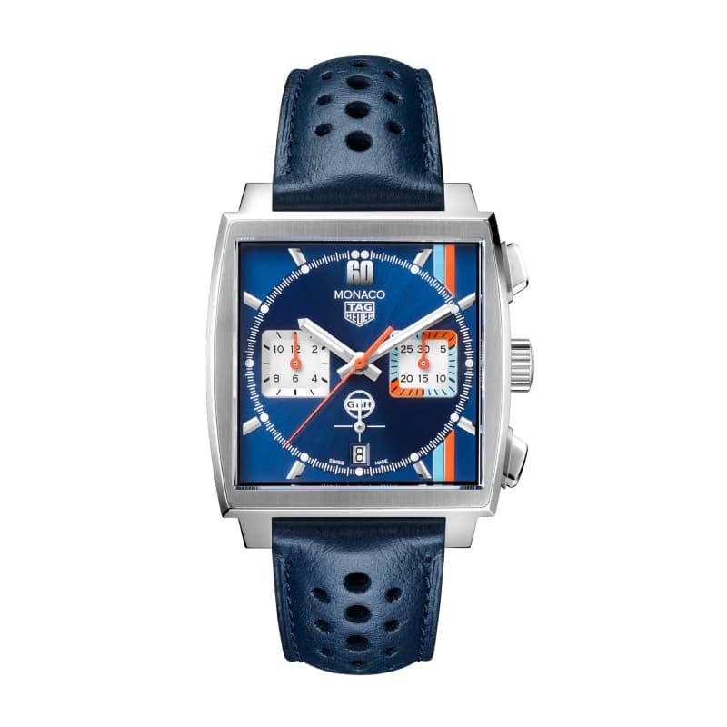 تگ هویر Monaco Gulf Special Edition Chronograph Automatic 39 استیل | صفحه آبی با نوارهای Gulf آبی روشن و نارنجی و بند چرمی آبی سوراخدار | رفرنس CBL2115.FC6494 — تصویر ۶