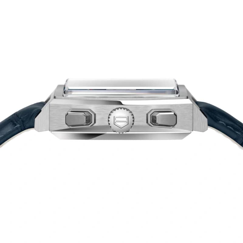 تگ هویر Monaco Gulf Special Edition Chronograph Automatic 39 استیل | صفحه آبی با نوارهای Gulf آبی روشن و نارنجی و بند چرمی آبی سوراخدار | رفرنس CBL2115.FC6494 — تصویر ۴