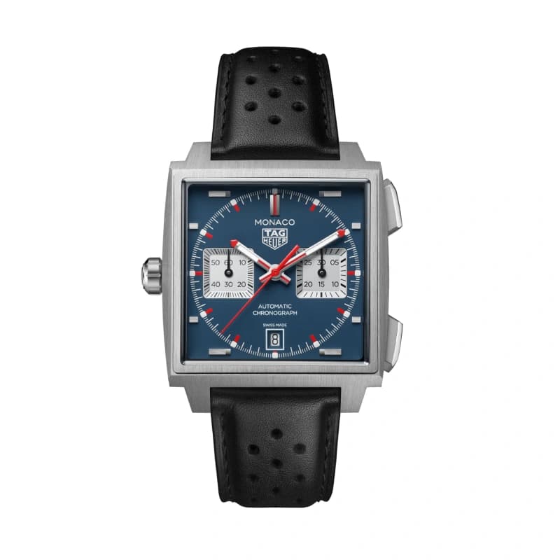 تگ هویر Monaco Calibre 11 Chronograph Automatic 39 استیل | صفحه آبی با سابدایالهای نقرهای و جزئیات قرمز | بند چرمی مشکی سوراخدار | رفرنس CAW211P.FC6356 — تصویر ۷