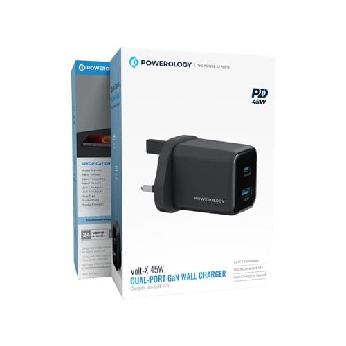شارژر دیواری 2 پورت 45 وات پاورلوژی (Powerology Dual Port Gan Wall Charger Volt-X 45W) — تصویر ۲